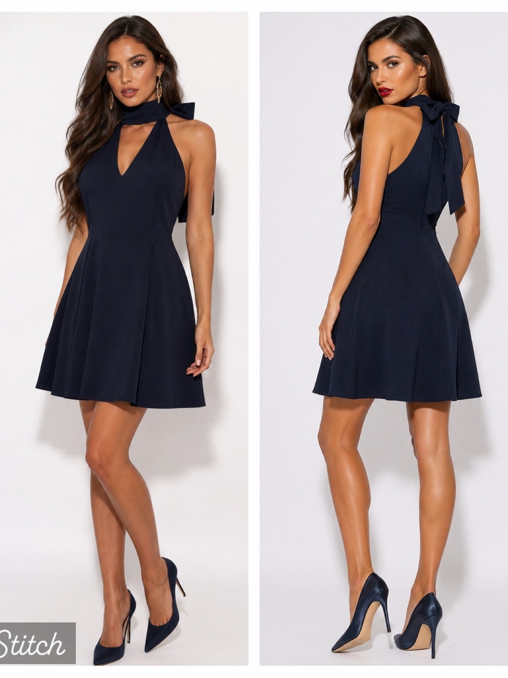 Betsey Johnson Size 6 Navy Blue Halter Mini Dress with Bow Tie Neck